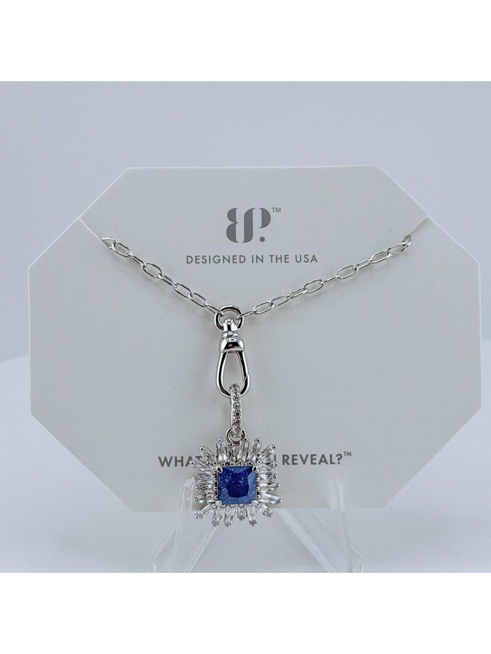 Bomb Party Necklace “Never Not Beaming” Aqua Blue Ice Crystal On Rhodium
